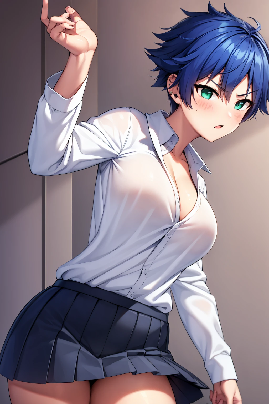 Ultra-high resolution、Ultra HD、8k,Realistic、tomboy、Boyish Girl、Big Breasts、tsurime,White blouse、White dress shirt、Large Breasts、blue-hair、very-short-hair,green-eyes,Black mini skirt、black-pantyhose,angry、White shirt with collar、Ear Piercing、blue-hair,,Torn clothes、Dirty clothes、dirty-cloth,bukkake,
