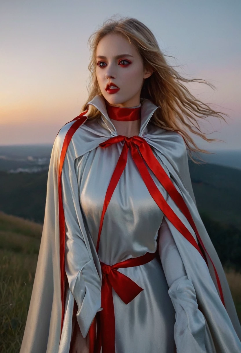 Vampyfangs,(RAW Photo) , (highly detailed:1.20) , ultra realistic :1.10) , 2girls , sexy girls in their 20s , (perfect face:1.20) , (detailed red eyes:1.20) , with long blonde hair in ponytail , (((long silver and gold lined satin cape tied at the neck with a ribbon :1.20))) , full body, standing on windy hilltop at night , full moon , biting necks , high-quality ultra realistic style, detailed eyes, professional, expressive , 8K , highly detailed , professional,