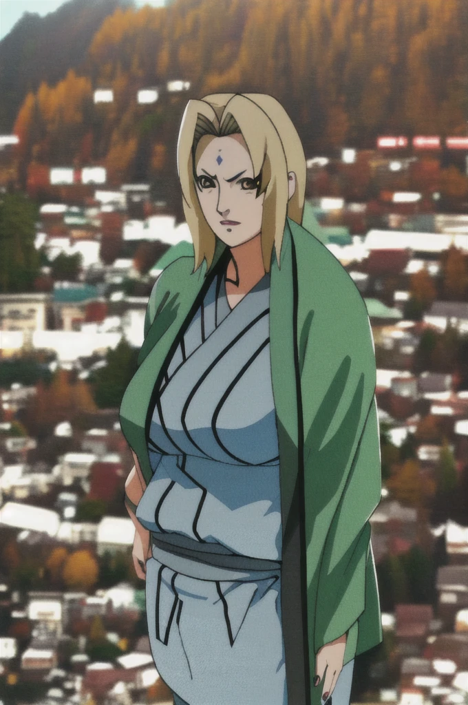 t5un4d3, mark, 1girl, tsunade, Japanese clothes, sash, jacket, big ass, thick thighs, huge breasts, wide hips, 