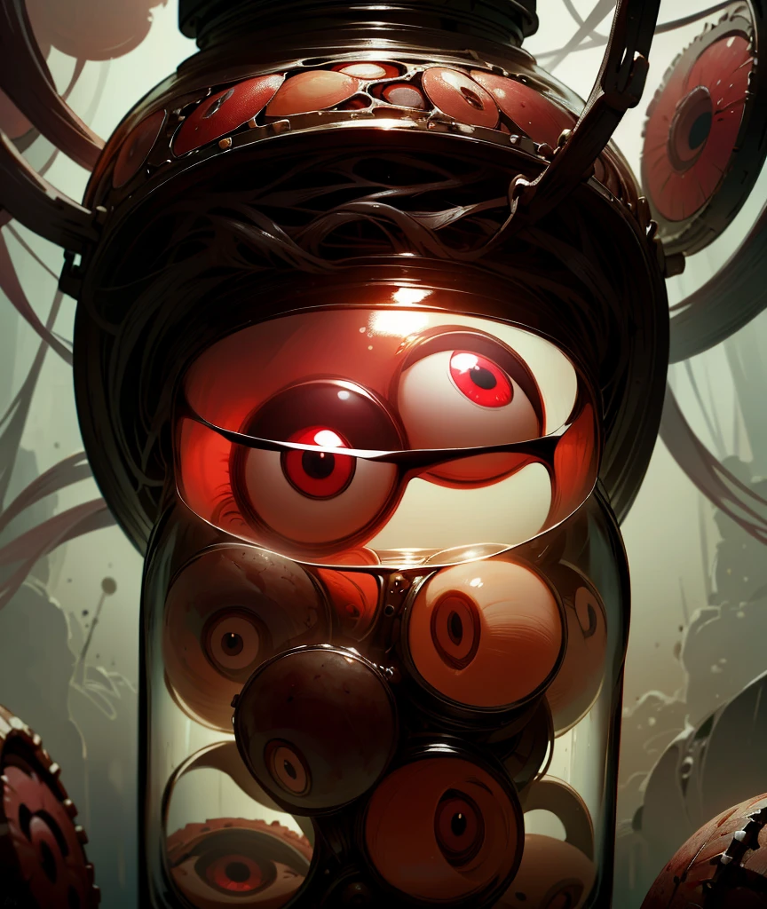 a glass jar filled with eyeballs, ((eyeballs)), blood, early morning