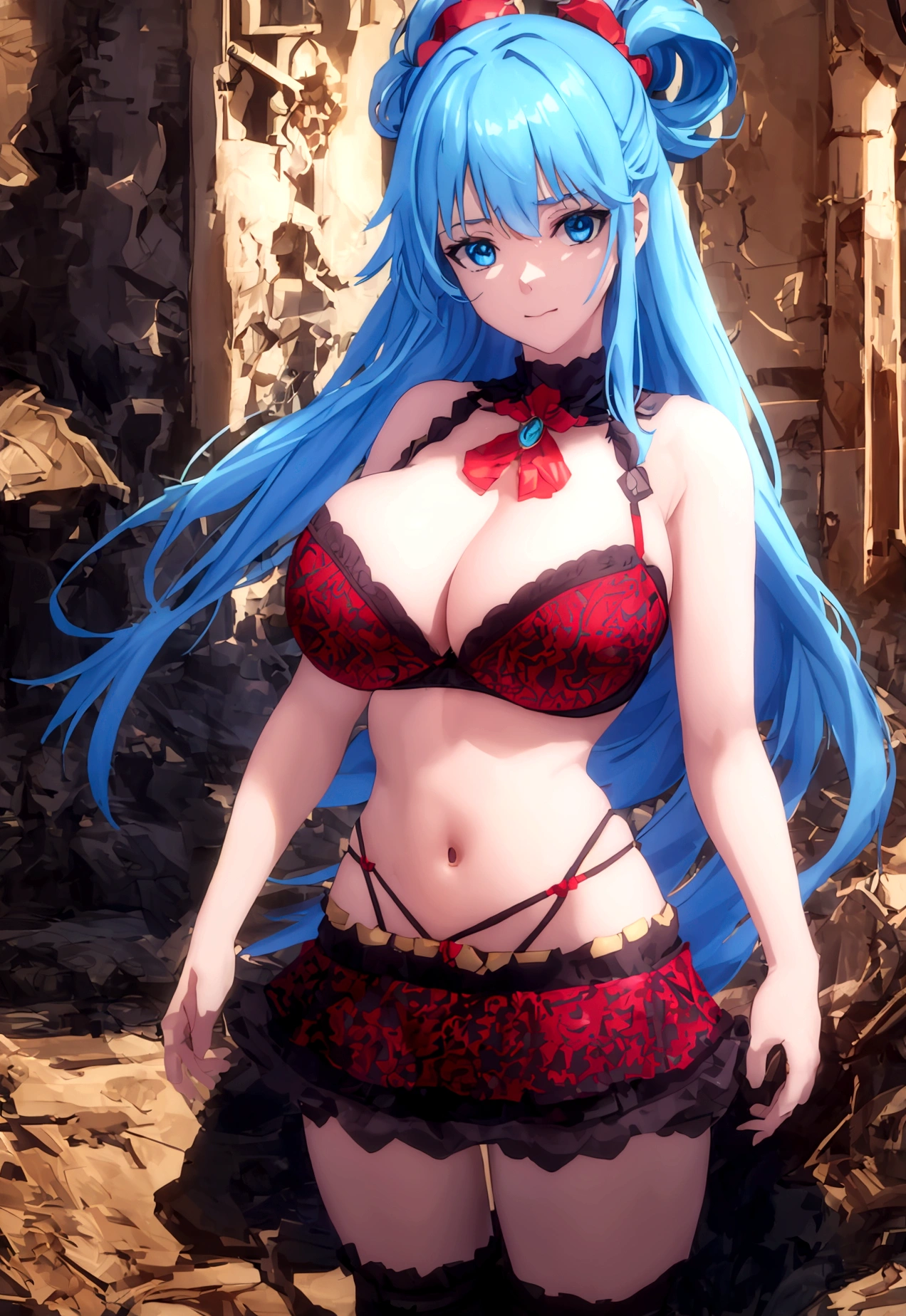 (extremely detailed CG unity 8k wallpaper), (masterpiece), (best quality), (ultra-detailed), (best illustration), (best shadow), (absurdres), 1girl, solo, pefrect face, perfect eyes, huge breasts, shining breasts, standing, sfw, safe, close the camera, light red black lace bra, light red black lace panties, standing, vivid colors, cleavage, vivid, aqua, long hair, blue eyes, hair ornament, very long hair, blue hair, hair rings, single hair ring, hair bobbles,
