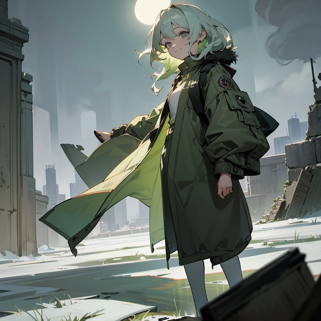 1female, adult, finely detailed grey eyes, wavy medium hair, pale green hair, fur puffer jacket, standing on ruined building, night time, happy expression, sunglasses