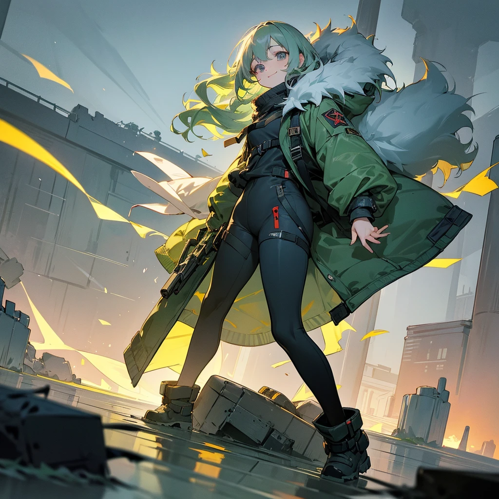 1female, adult, finely detailed grey eyes, wavy medium hair, pale green hair, fur puffer jacket, standing on ruined building, night time, happy expression, sunglasses