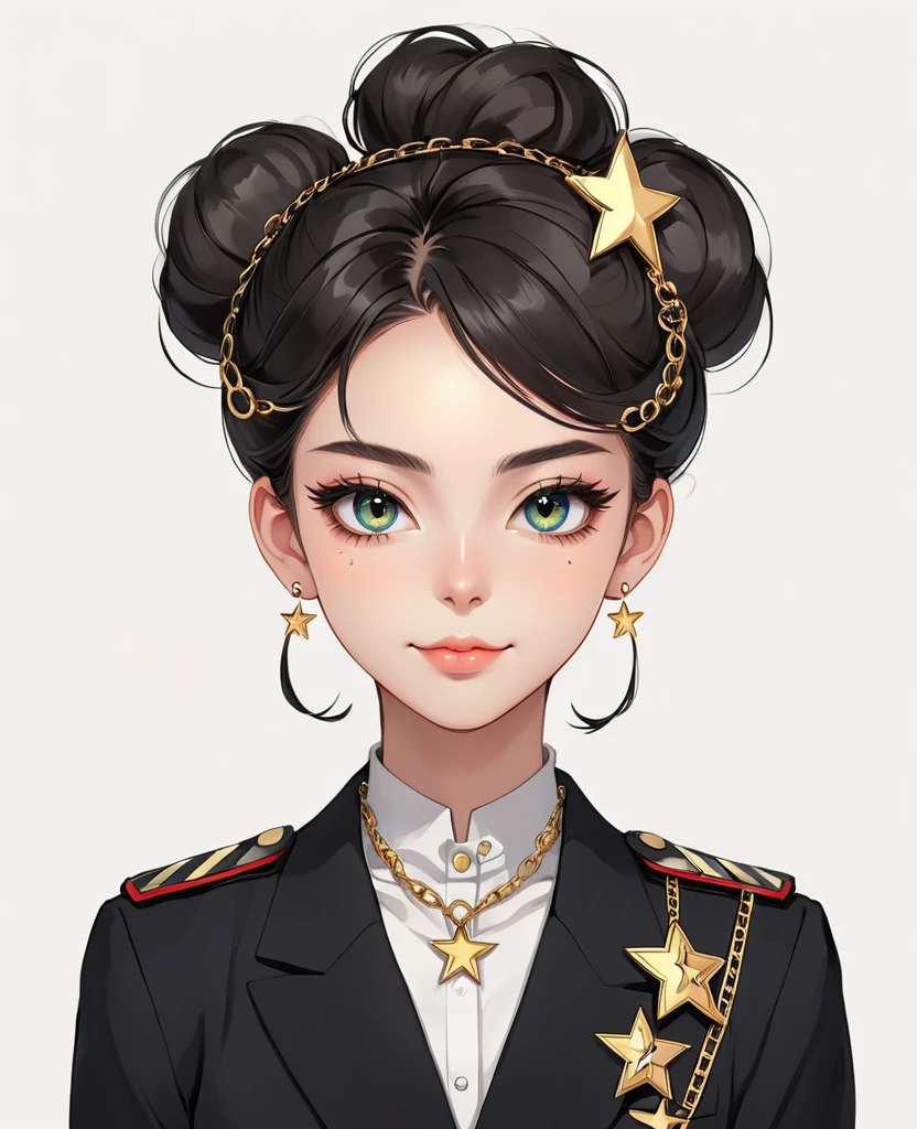 (Digital Illustration，Detailed anime style girl portrait，Solitary，symmetry)，(Big colorful eyes，Fashionable and exquisite facial features，Exquisite makeup，Sweet smile，Star symbol mark on cheek，Soulful gaze，)，(Fluffy bun，Hairpin)，(Black suit，Epaulettes-Chain，cool，)，Clean and simple white background，(((Correct human anatomy)))