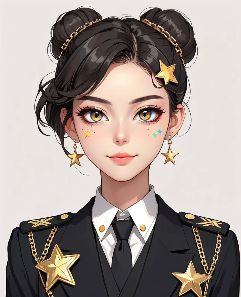 (Digital Illustration,Detailed anime style girl portrait,Solitary,symmetry),(Big colorful eyes,Fashionable and exquisite facial features,Exquisite makeup,Sweet smile,Star symbol mark on cheek,Soulful gaze,),(Fluffy bun,Hairpin),(Black suit,Epaulettes-Chain,cool,),Clean and simple white background,(((Correct human anatomy)))
