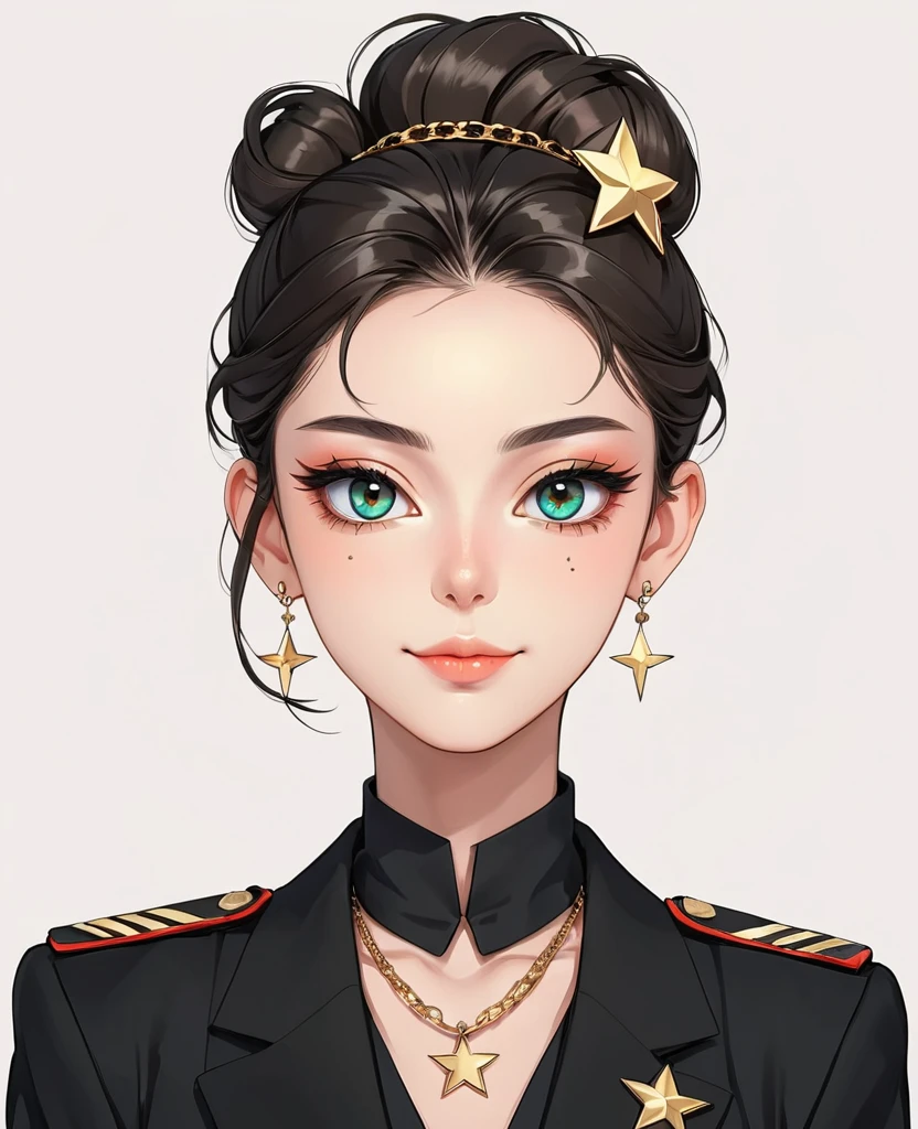 (Digital Illustration，Detailed anime style girl portrait，Solitary，symmetry)，(Big colorful eyes，Fashionable and exquisite facial features，Exquisite makeup，Sweet smile，Star symbol mark on cheek，Soulful gaze，)，(Fluffy bun，Hairpin)，(Black suit，Epaulettes-Chain，cool，)，Clean and simple white background，(((Correct human anatomy)))