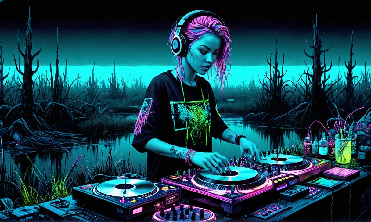 Beautiful detailed digital illustration of a Cyberpunk DJ mixing synthetic beats at a Dark swamp with will-o'-wisps leading astray ink art, line art, PENeonUV