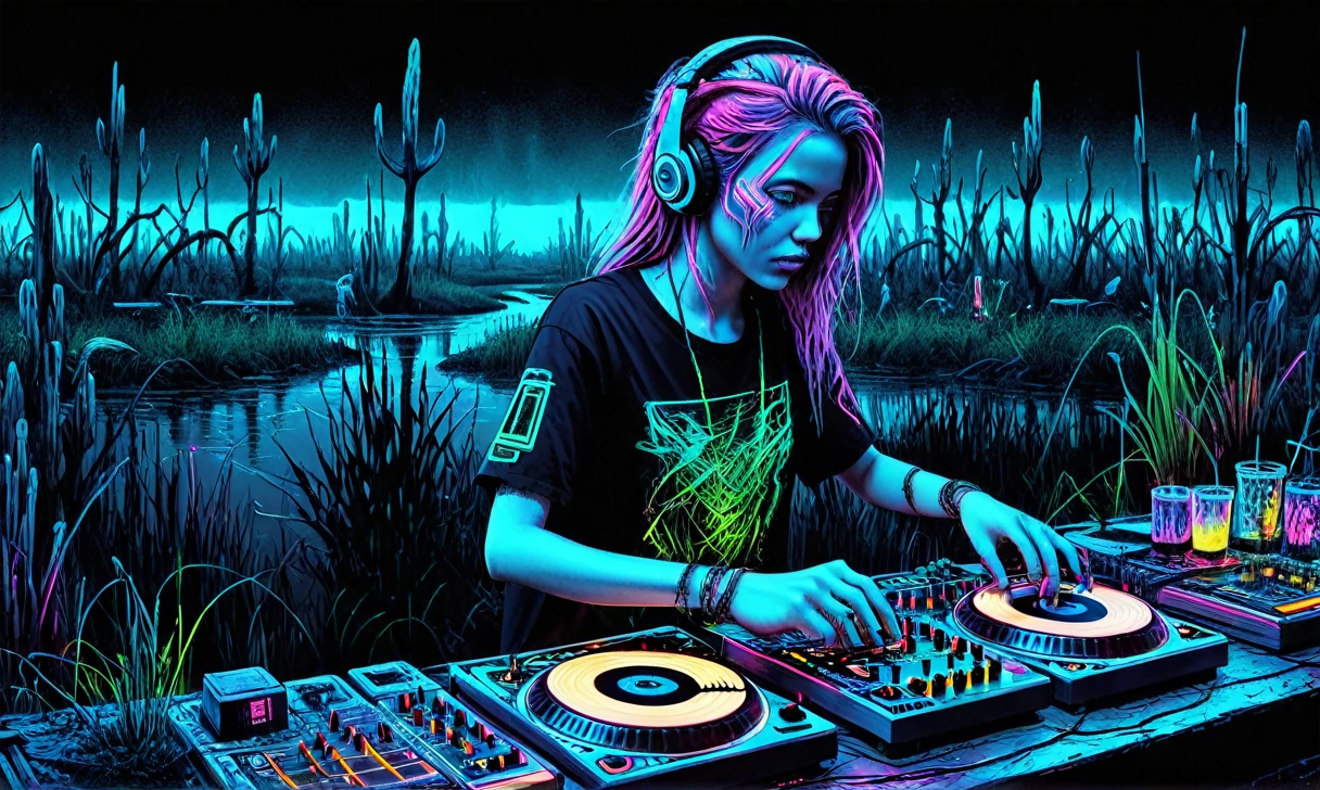 Beautiful detailed digital illustration of a Cyberpunk DJ mixing synthetic beats at a Dark swamp with will-o'-wisps leading astray ink art, line art, PENeonUV