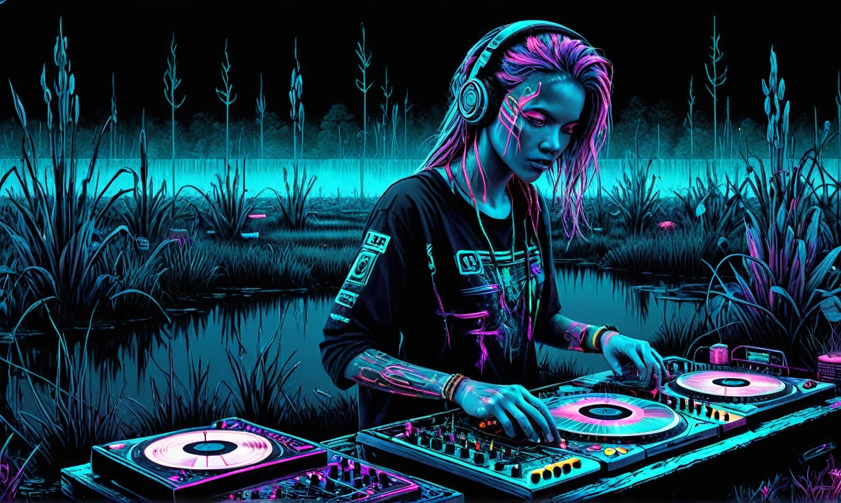 Beautiful detailed digital illustration of a Cyberpunk DJ mixing synthetic beats at a Dark swamp with will-o'-wisps leading astray ink art, line art, PENeonUV