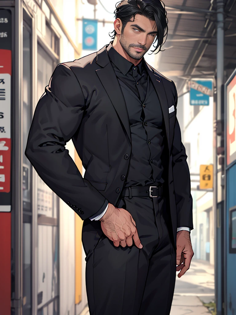 Ruggedly handsome older man DILF, with black hair, wearing dark suit. Dominant, Confident, bdsm