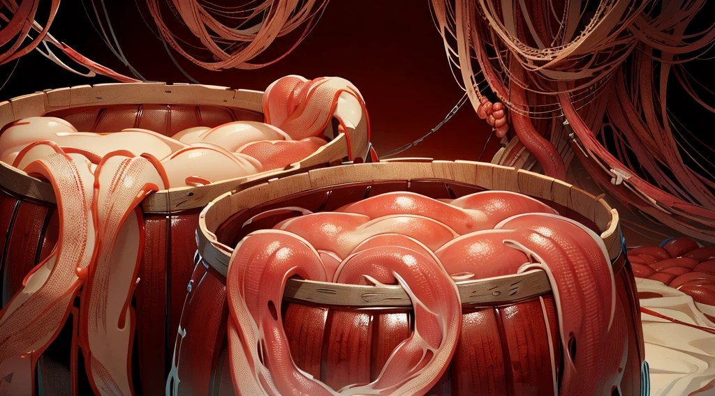wooden barrels filled with human intestines,  ((intestines)), blood, AnatomicTech
blood vessels, gore, horror, 