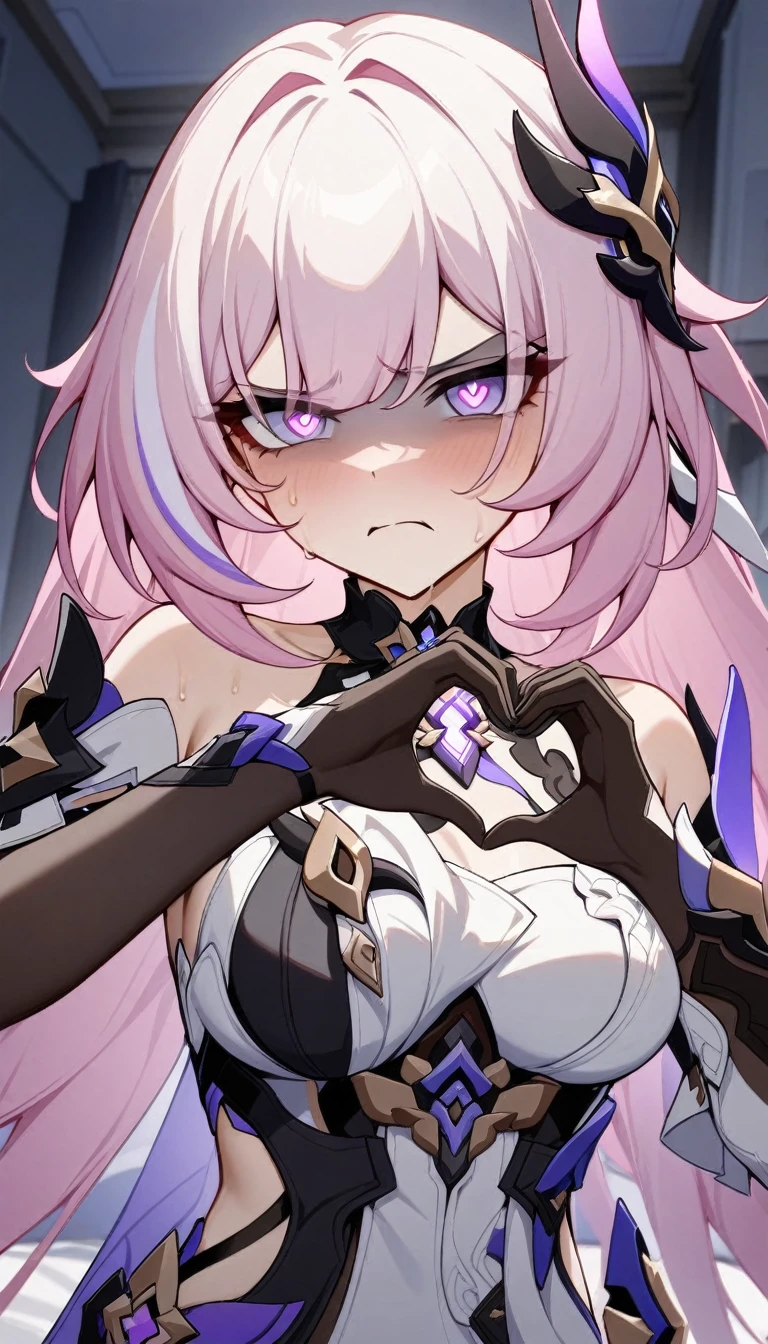 masterpiece, best quality, very aesthetic, absurdres, newest,1girl,upper body, (contempt, disgust,shaded face,looking at viewer,frown),heart-shaped gesture,,elysia_(honkai_impact), honkai_(series), honkai_impact_3rd, elysia_(herrscher_of_human:ego)_(honkai_impact), 1girl, bare_shoulders, black_shorts, boots, breasts, elbow_gloves, elf, gloves, hair_between_eyes, hair_ornament, high_heel_boots, high_heels,multicolored_hair, pink_hair, pink_pupils, pointy_ears, purple_eyes, shirt, shorts,thighs, two-tone_hair, white_footwear, white_gloves, white_shirt,,in a student dormitory
