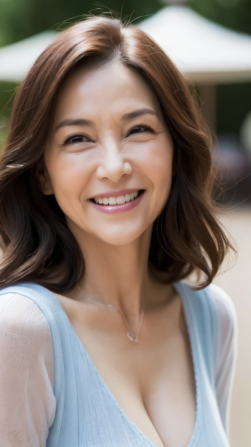 最high quality, In 8K, Masseter muscle area, Lifelike, Sharp focus, high quality, High resolution, Detailed face, Detailed eyes, Thick lips, Background Blur, solo, Middle-aged women, , 55 years old, , Medium long wavy hair, Cleavage, Wearing a plain short-sleeved knit, Afternoon in front of the park garden, Wrinkles around the eyes, Toothy smile