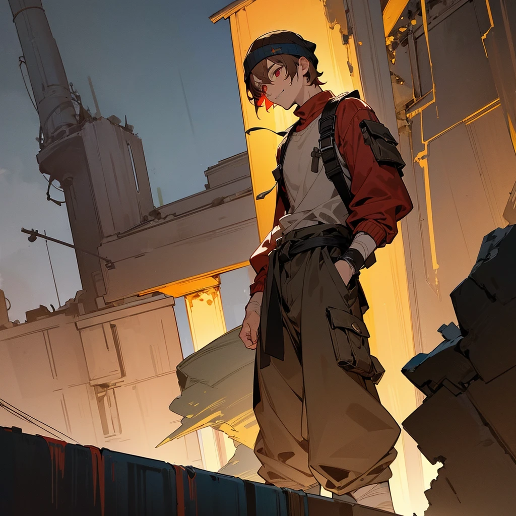 1male, adult, finely detailed red eyes, wild short hair, brown hair, poor clothing, tied around waist, baggy pants, standing on ruined building, night time, happy expression, muscular, goggles, dirty, beanie