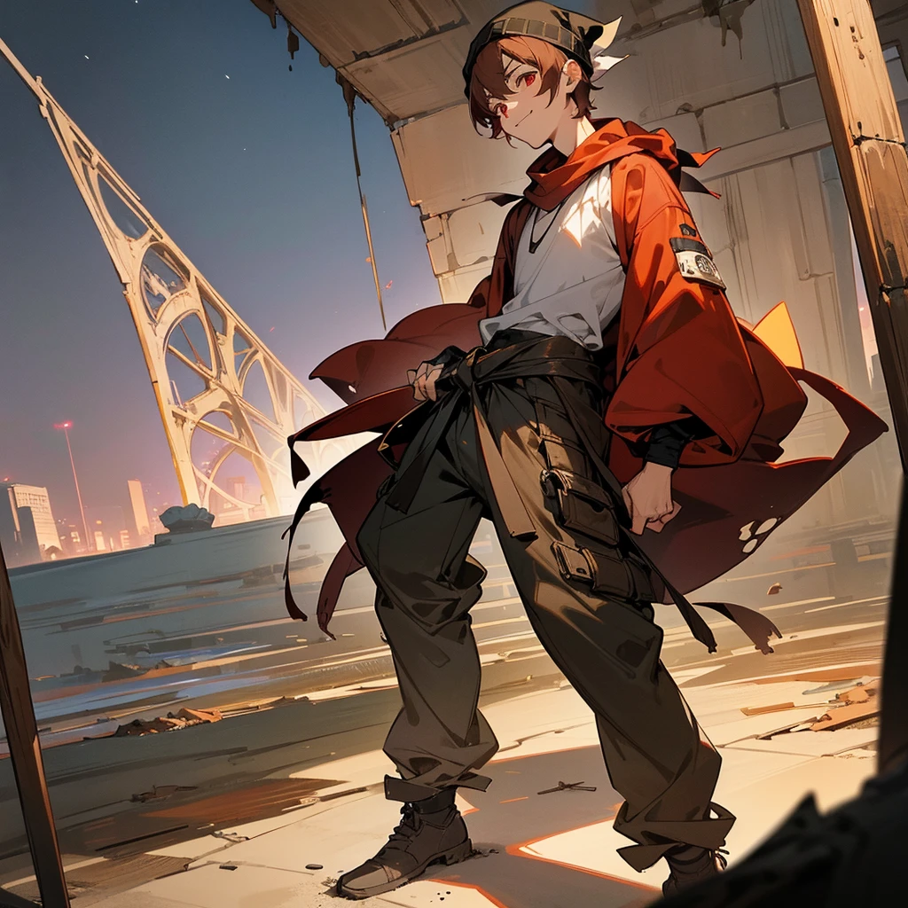 1male, adult, finely detailed red eyes, wild short hair, brown hair, poor clothing, tied around waist, baggy pants, standing on ruined building, night time, happy expression, muscular, goggles, dirty, beanie