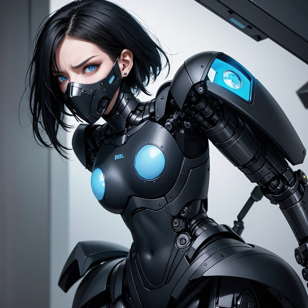 a girl with a full black robotic body, featuring sleek and high-tech components. She has short black hair, blue eyes, and an angry expression. She wears a robot mask that partially covers her face, blending seamlessly with her polished mechanical limbs and torso. The subtle lights and mechanical joints of her body enhance the contrast between her human-like features and her robotic form.