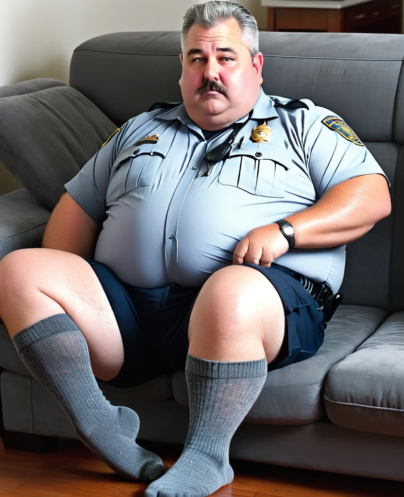 Old police officer daddy, grey hair, male, fat, chubby, clean cut , wearing dirty socks, only wearing socks, leaking cum, cum everywhere, smelly socks, sweaty, stench coming from socks, sitting on couch, white socks, feet propped up on table, stinky socks, grey pubes 