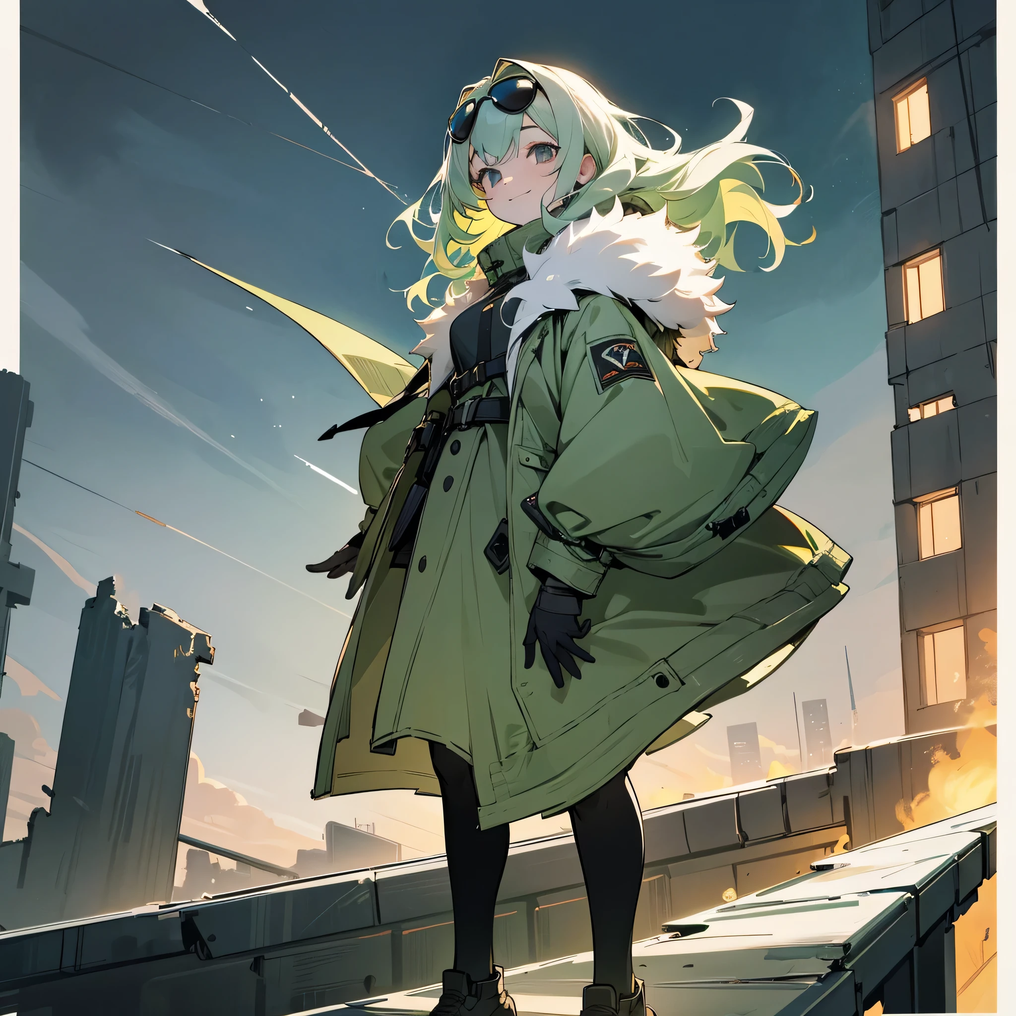 1female, adult, finely detailed grey eyes, wavy medium hair, pale green hair, fur puffer jacket, standing on ruined building, night time, happy expression, sunglasses