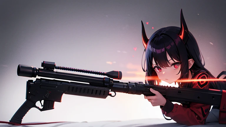 Cute devilish anime girl with devil horns holding a small sniper rifle with her hands, the rifle is aiming at the viewer, fire background, make sure to depict here hands right without mistakes