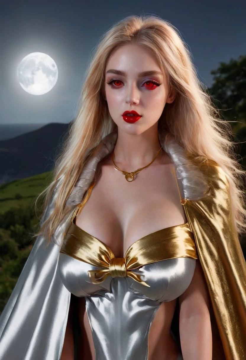 Vampyfangs,(RAW Photo) , (highly detailed:1.20) , ultra realistic :1.10) , 2girls , sexy girls in their 20s , (perfect face:1.20) , (detailed red eyes:1.20) , with long blonde hair in ponytail , (((long silver and gold lined satin cape tied at the neck with a ribbon :1.20))) , full body, standing on windy hilltop at night , full moon , biting necks , high-quality ultra realistic style, detailed eyes, professional, expressive , 8K , highly detailed , professional,