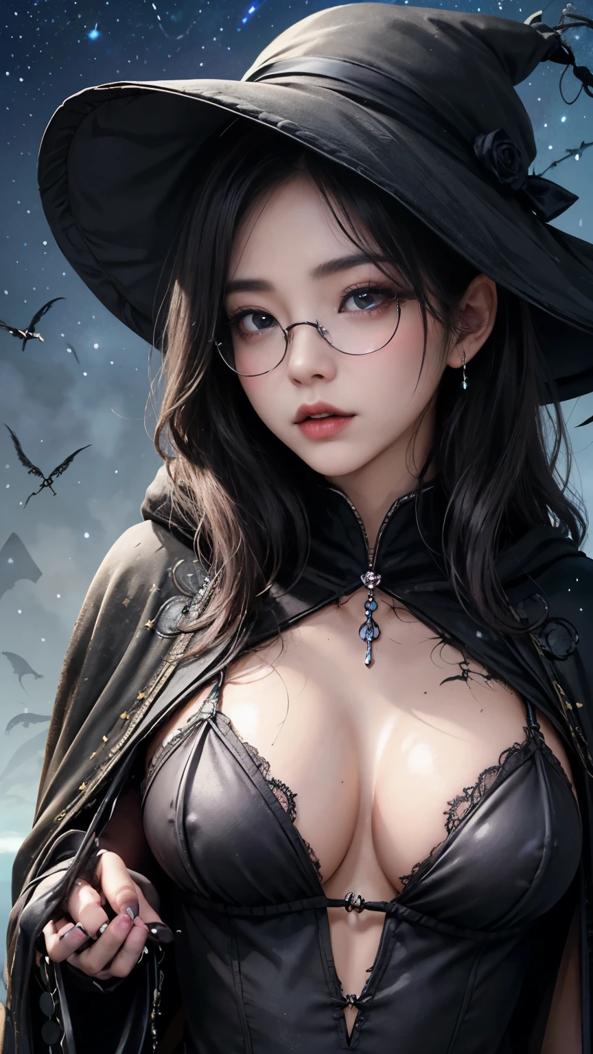 (Fatal Beauty,A charming villain,witch) ,(A supple and powerful physique),(Sensual charm),(Mysterious charm:1.1),(Captivating silhouette),((((Glasses))))、((((big sapphire necklace))))、(highest quality,High resolution:1.2),(dark,Threatening:1.1),((dark horror theme:1.5),(Thriller:1.5)),(Dark fantasy:1.5), (((Countless stars fly away:1.5),(Absurd:1.5),(wonderful:1.5))),Woman in a dress, (Powerful numbers:1.1),(((Big Breasts))),(((Muscular:1.1))), cute face, Sexy Face, , Very detailedなbeautiful女の子, (Ideal body type:1.8), Very detailed faceexpressive lips, (Very beautiful、Crisp big eyes:1.5), Fine skin., All features are shown in detail., The outline of the fingers is beautifully drawn....., The nose is precisely shaped., expressive lips, Perfect Anatomy,cute、Realistic、(Front view:1.4),(Face Focus:1.3), realistic girl rendering, 8k artistic german bokeh, Enchanting girl, Real Girls, Gurwitz, Gurwitz-style artwork, Girl Roleplay, Realistic 3D style, cgstation Popular Topics, 8K Portrait Rendering,(truth,truth:1.4),Sexy Body,( Very lean body:1.6),Sexy pose, blush, Attractive body, Very curly hair, Purple Curly Hair, very big hair, Very curly hair, prime color,Urban,Very detailed,masterpiece,Intricate details,Faded,Very detailed, Eye on the details,Intricate details,Dark and spooky atmosphere, spiritual being, Unforgettably beautiful, Ghostly figures, Shadow-like shape, Spooky whispers, Ominous Aura, Goth Maiden, Like dazzling fur in a starless haze,Her Mogul Snaps, Mysterious Cemetery,Black hair swaying in the moonlight, She summons darkness, (beautiful: 1.7), (Black Hat: 1.6), (An intricately decorated jet-black cloak: 1.6), (Delicately decorated cloak, Despite the damage: 1.5), Hypermaximalist, Breathtaking oil paintings, Surreal, Ultra-realistic digital illustrations that mimic the style of oil paintings, Wonderful configuration, (Shining Eyes:1.6)、(Glowing Eyes:1.1),(hellish landscape:1.1),(fire,sulfur:1.1),(Threatening atmosphere:1.1),(dark shadows,Threatening p