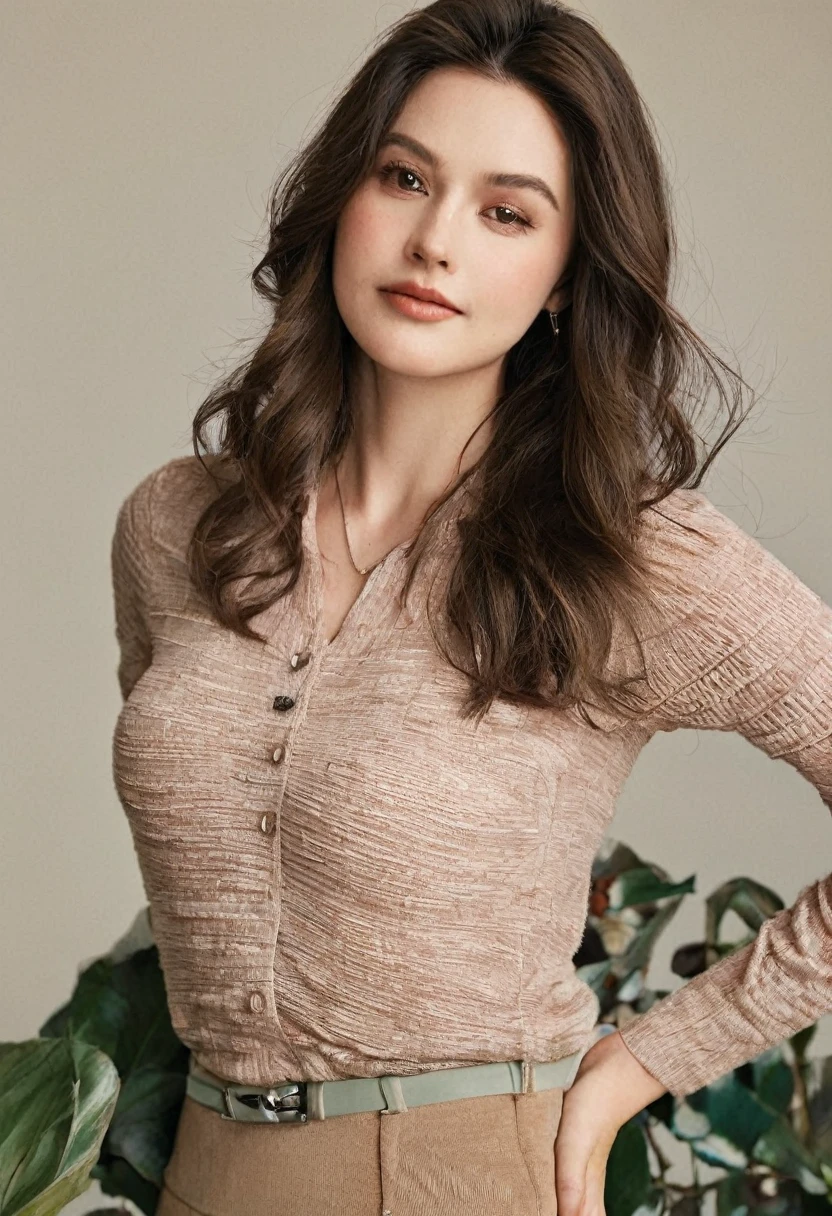 Image of Ella Schnacky modeling in a photoshoot. She's is very attractive at 20 years old, but her body appears to be aged in mid 40s because of giving birth, maternal instinctive nature, she has a very motherly posture, very large breasted, wide thighs and hips, tiny waist, and has darker shaded hair.