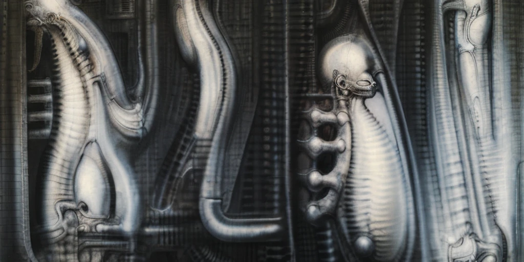 The image is a detailed view of H.R. Giger's biomechanical tableau \" Landscape XVI \" plate, featuring.
(airbrush painting, Giger's alien in front of broken alien ship in landscape, natural light, sharp focus, illustration, highly detailed, digital painting, concept art, matte, art by gric and kozhanov and moebius and Alphonse Mucha, masterpiece, HDR ,UHD , uplight, in HRGigerArhP style);1.
surrealistic painting of a monster with multiple tentacles and a body that looks like a brain, surrounded by a chaotic scene of swirling clouds and other monsters
 It's a complex network of bones and organs in eldritch color scheme:a greenish-brown hue ,swirling gery and brown colors. The artwork is silverish and green brown, with an ivory bones prominently displayed. The image is highly detailed and intricate, almost like a 3d version of a medical sketchwork.   
The piece is a tableau, most likely created with a India ink pen or pencil on paper, determined by the thin lines, shading techniques, and the texture of the paper, which is visible around the edges.
Used is pen, given the shading and variations in line weight visible in the image. Artist have used a variety of stylus with different degrees of hardness to achieve the shading effects.
 The use of undersaturated green-grays dark contrasts creates a stark and graphic look. Is used a variety of linework techniques to create different textures. Fine, parallel lines create a smooth, metallic texture,while thicker, more cursive lines suggest cables or wires.
Light source from the top highlights skeletals, pper part of foreground, lower part of image is in shadowupper part of foreground, lower part of image is in shadow.
The art performance showcases the artist’s skills in observation and rendering. The level of detail in the piece suggests a close study of real bone specimens and mechanics. The artist has skillfully used shading techniques to create a convincing illusion of three-dimensionality on a flat surface. The wrinkles 