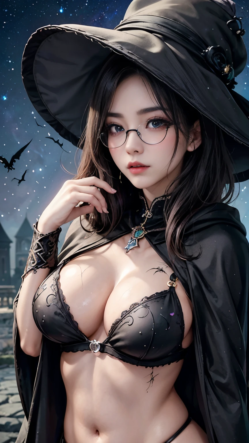 (Fatal Beauty,A charming villain,witch) ,(A supple and powerful physique),(Sensual charm),(Mysterious charm:1.1),(Captivating silhouette),((((Glasses))))、((((big sapphire necklace))))、(highest quality,High resolution:1.2),(dark,Threatening:1.1),((dark horror theme:1.5),(Thriller:1.5)),(Dark fantasy:1.5), (((Countless stars fly away:1.5),(Absurd:1.5),(wonderful:1.5))),Woman in a dress, (Powerful numbers:1.1),(((Big Breasts))),(((Muscular:1.1))), cute face, Sexy Face, , Very detailedなbeautiful女の子, (Ideal body type:1.8), Very detailed faceexpressive lips, (Very beautiful、Crisp big eyes:1.5), Fine skin., All features are shown in detail., The outline of the fingers is beautifully drawn....., The nose is precisely shaped., expressive lips, Perfect Anatomy,cute、Realistic、(Front view:1.4),(Face Focus:1.3), realistic girl rendering, 8k artistic german bokeh, Enchanting girl, Real Girls, Gurwitz, Gurwitz-style artwork, Girl Roleplay, Realistic 3D style, cgstation Popular Topics, 8K Portrait Rendering,(truth,truth:1.4),Sexy Body,( Very lean body:1.6),Sexy pose, blush, Attractive body, Very curly hair, Purple Curly Hair, very big hair, Very curly hair, prime color,Urban,Very detailed,masterpiece,Intricate details,Faded,Very detailed, Eye on the details,Intricate details,Dark and spooky atmosphere, spiritual being, Unforgettably beautiful, Ghostly figures, Shadow-like shape, Spooky whispers, Ominous Aura, Goth Maiden, Like dazzling fur in a starless haze,Her Mogul Snaps, Mysterious Cemetery,Black hair swaying in the moonlight, She summons darkness, (beautiful: 1.7), (Black Hat: 1.6), (An intricately decorated jet-black cloak: 1.6), (Delicately decorated cloak, Despite the damage: 1.5), Hypermaximalist, Breathtaking oil paintings, Surreal, Ultra-realistic digital illustrations that mimic the style of oil paintings, Wonderful configuration, (Shining Eyes:1.6)、(Glowing Eyes:1.1),(hellish landscape:1.1),(fire,sulfur:1.1),(Threatening atmosphere:1.1),(dark shadows,Threatening p