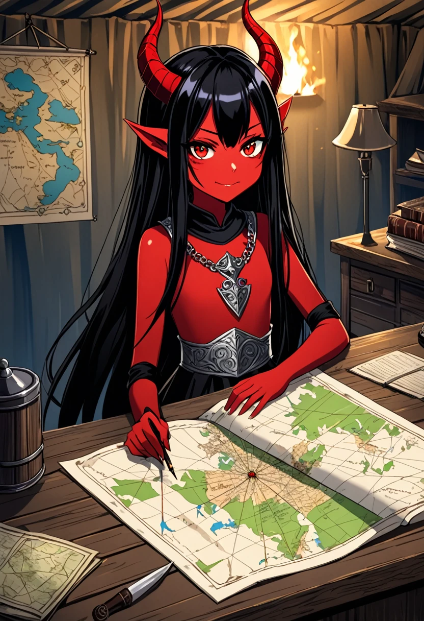  2D anime picture, (anime style 1), single girl, 10 years old, sadistic, demoness, red skin, small demoness horns, beautiful long black hairstyle, in expensive warrior clothes, stand in officer tent in military camp near desk with map, fantasy, medieval age, night 