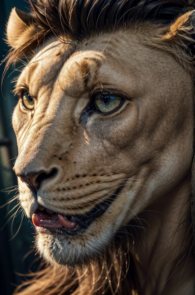muscular lion, giant muscular lion, lion with gigantic biceps, fairytale style, fantasy animal, (best quality,4k,8k,highres,masterpiece:1.2),ultra-detailed,(realistic,photorealistic,photo-realistic:1.37),extremely detailed musculature, extremely detailed facial features, beautiful detailed eyes, beautiful detailed nose, beautiful detailed mouth, intricate details, cinematic lighting, dramatic lighting, vibrant colors, cinematic composition, epic scale