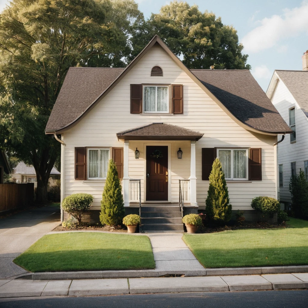 a typical townhouse from the 1970s, during the Motown era. The townhouse should be located in a suburban area, with a mix of single-family homes and apartment buildings. The house should be a two-story, single-family residence with a pitched roof, vinyl siding, and a small front yard with a lawn and a few trees.
The exterior should feature a warm, earthy color palette with a combination of brown, beige, and cream tones. The roof should be a dark brown or black asphalt shingle material. The windows should be double-hung, with white or cream-colored frames and shutters.
The front door should be a wooden or metal door with a brass or chrome door handle. The door should be adorned with a decorative wreath or a welcome mat. The porch should be a small, covered area with a simple railing and a few steps leading up to the door, (gaussian blur:1.1) (high key photo masterpiece:1.2) raw photo, (film grain:1.3), depth field, bokeh, Best quality, masterpiece, ultra high res, (photorealistic:1.4), (smooth light:1.4), photorealistic, cinematic lighting, volumetric lighting, highly detailed and intricate
