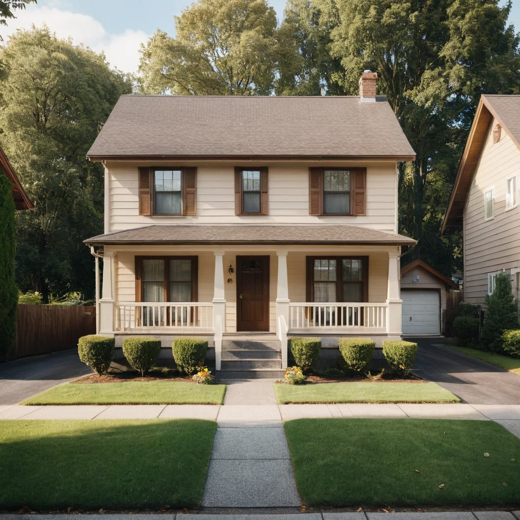 a typical townhouse from the 1970s, during the Motown era. The townhouse should be located in a suburban area, with a mix of single-family homes and apartment buildings. The house should be a two-story, single-family residence with a pitched roof, vinyl siding, and a small front yard with a lawn and a few trees.
The exterior should feature a warm, earthy color palette with a combination of brown, beige, and cream tones. The roof should be a dark brown or black asphalt shingle material. The windows should be double-hung, with white or cream-colored frames and shutters.
The front door should be a wooden or metal door with a brass or chrome door handle. The door should be adorned with a decorative wreath or a welcome mat. The porch should be a small, covered area with a simple railing and a few steps leading up to the door, (gaussian blur:1.1) (high key photo masterpiece:1.2) raw photo, (film grain:1.3), depth field, bokeh, Best quality, masterpiece, ultra high res, (photorealistic:1.4), (smooth light:1.4), photorealistic, cinematic lighting, volumetric lighting, highly detailed and intricate