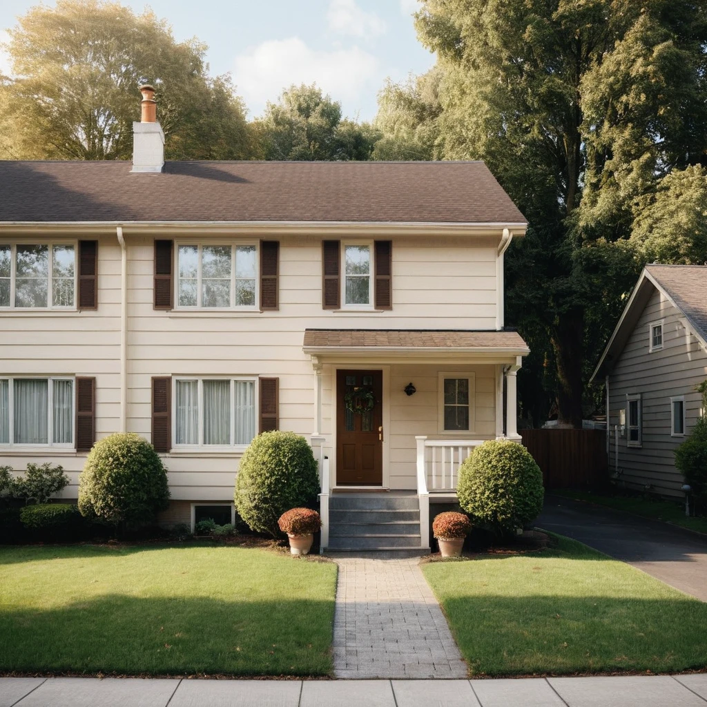 a typical townhouse from the 1970s, during the Motown era. The townhouse should be located in a suburban area, with a mix of single-family homes and apartment buildings. The house should be a two-story, single-family residence with a pitched roof, vinyl siding, and a small front yard with a lawn and a few trees.

The exterior should feature a warm, earthy color palette with a combination of brown, beige, and cream tones. The roof should be a dark brown or black asphalt shingle material. The windows should be double-hung, with white or cream-colored frames and shutters.

The front door should be a wooden or metal door with a brass or chrome door handle. The door should be adorned with a decorative wreath or a welcome mat. The porch should be a small, covered area with a simple railing and a few steps leading up to the door, (gaussian blur:1.1) (high key photo masterpiece:1.2) raw photo, (film grain:1.3), depth field, bokeh, Best quality, masterpiece, ultra high res, (photorealistic:1.4), (smooth light:1.4), photorealistic, cinematic lighting, volumetric lighting, highly detailed and intricate