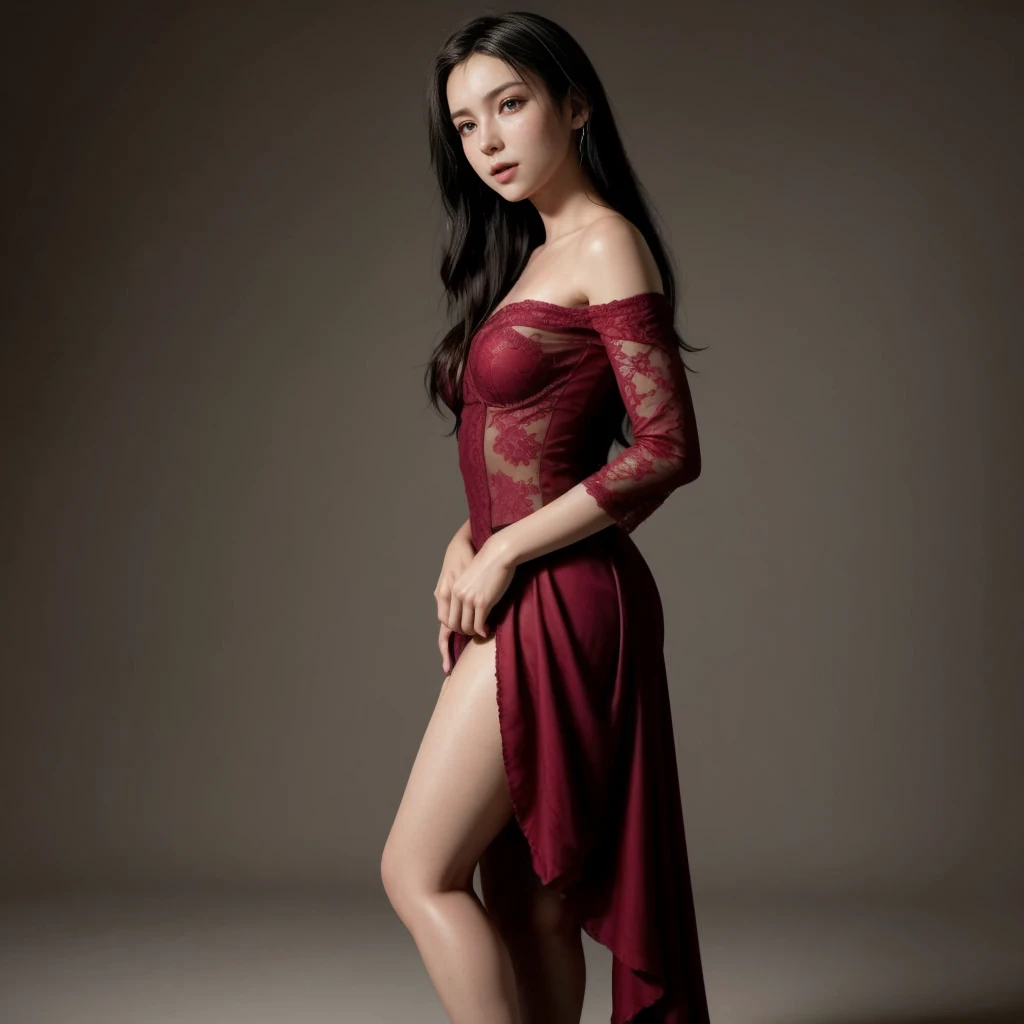 Gentle and charming Chinese beautiful woman, upper body photo, exquisite and sexy collarbone, charming oval face, double eyelids, smart peach blossom eyes, pink lips, small nose, bare shoulders, focused face, face close-up, ultra-high-definition, Super detailed, elegant standing posture, off-the-shoulder loose sweater and tight dress, which shows a slender waist very well, and a pair of knee-high boots on the lower body, showing off slender legs