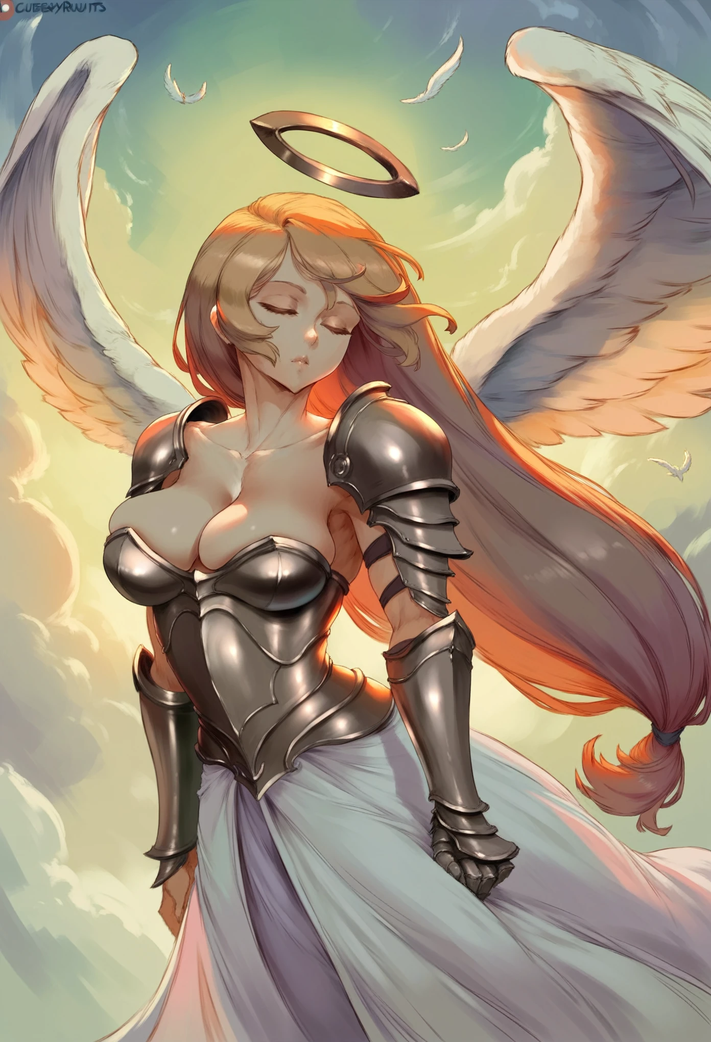 cutesexyrobutts style, 1girl, long_hair, solo, closed_eyes, breasts, wings, angel_wings, dress, head_wings, very_long_hair, armor, large_breasts, cleavage, cloud, angel, hair_over_one_eye, shoulder_armor, low-tied_long_hair