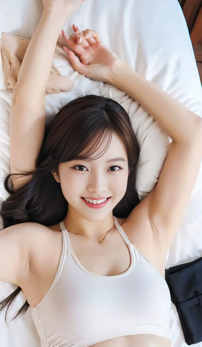 nsfw, (On the bed), (Lying down), From above, Black tights, (Light Smile:0.6)