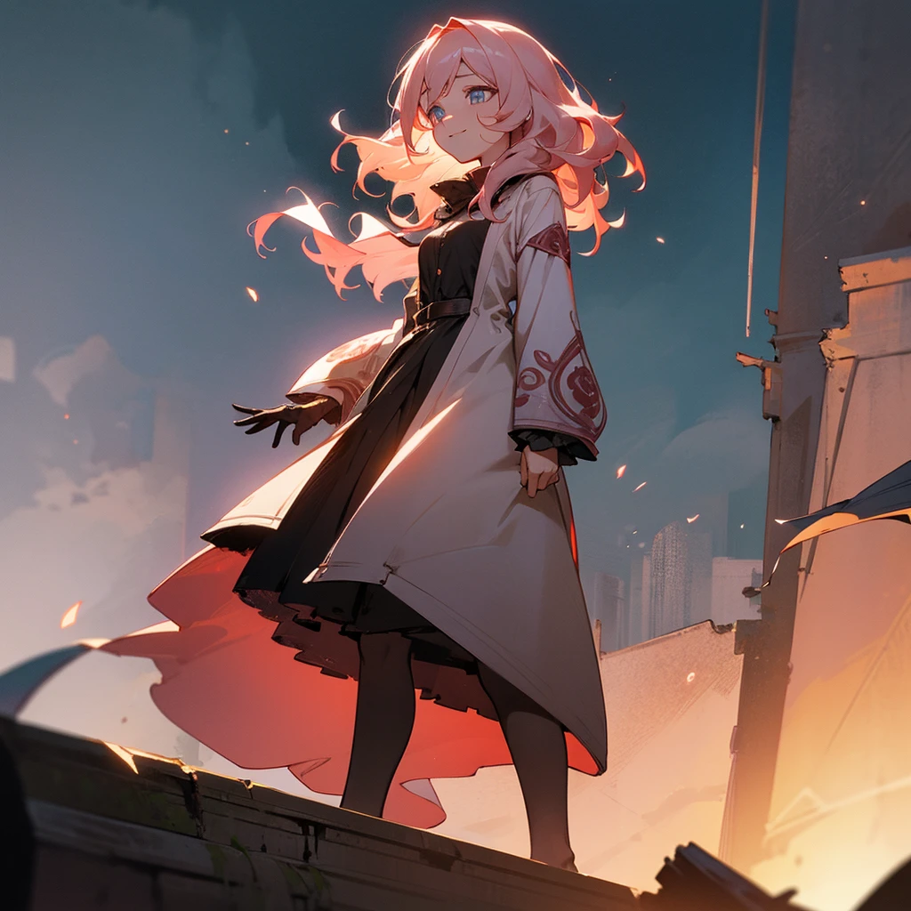 1female, adult, finely detailed ember eyes, wavy medium hair, pale rose hair, poor clothing, standing on ruined building, night time, happy expression, sunglasses