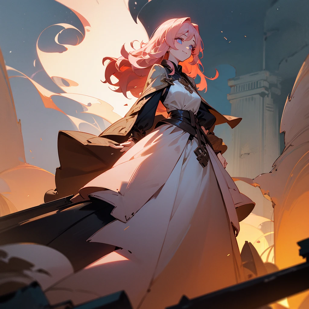 1female, adult, finely detailed ember eyes, wavy medium hair, pale rose hair, poor clothing, standing on ruined building, night time, happy expression, sunglasses