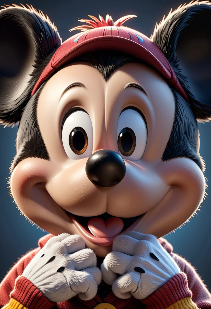 cinematic 3d render of mickey mouse, highly detailed character, photorealistic, studio lighting, 8k, best quality, ultra-detailed, physically-based rendering, extreme fine detail, vibrant colors, dynamic pose, realistic fur textures, intricate facial features, expressive eyes, sharp focus, professional 3d model