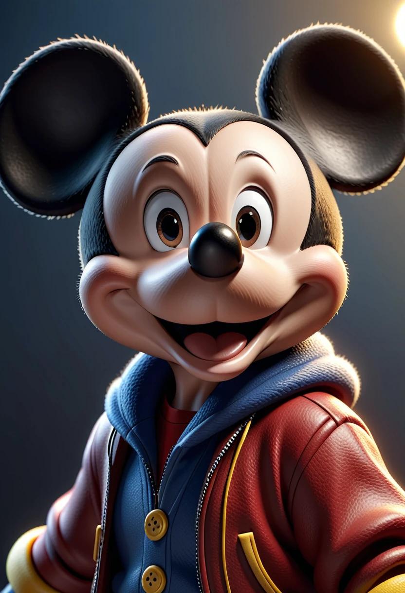 cinematic 3d render of mickey mouse, highly detailed character, photorealistic, studio lighting, 8k, best quality, ultra-detailed, physically-based rendering, extreme fine detail, vibrant colors, dynamic pose, realistic fur textures, intricate facial features, expressive eyes, sharp focus, professional 3d model