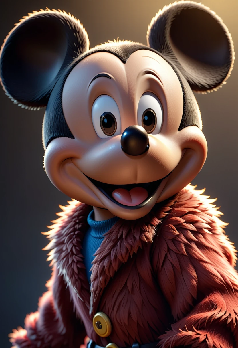 cinematic 3d render of mickey mouse, highly detailed character, photorealistic, studio lighting, 8k, best quality, ultra-detailed, physically-based rendering, extreme fine detail, vibrant colors, dynamic pose, realistic fur textures, intricate facial features, expressive eyes, sharp focus, professional 3d model