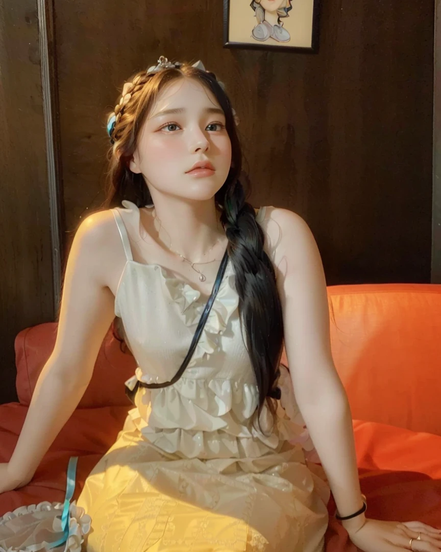 best quality, ultra hi res, photoreaslistic, a photography of a beautiful woman, 16yo teen age, detailed face, black Braided crown, (detailed porcelain doll,delicate clothes with a lot of frills and ribbons), Sports stadium, (face close up), seductive look, looking at viewer