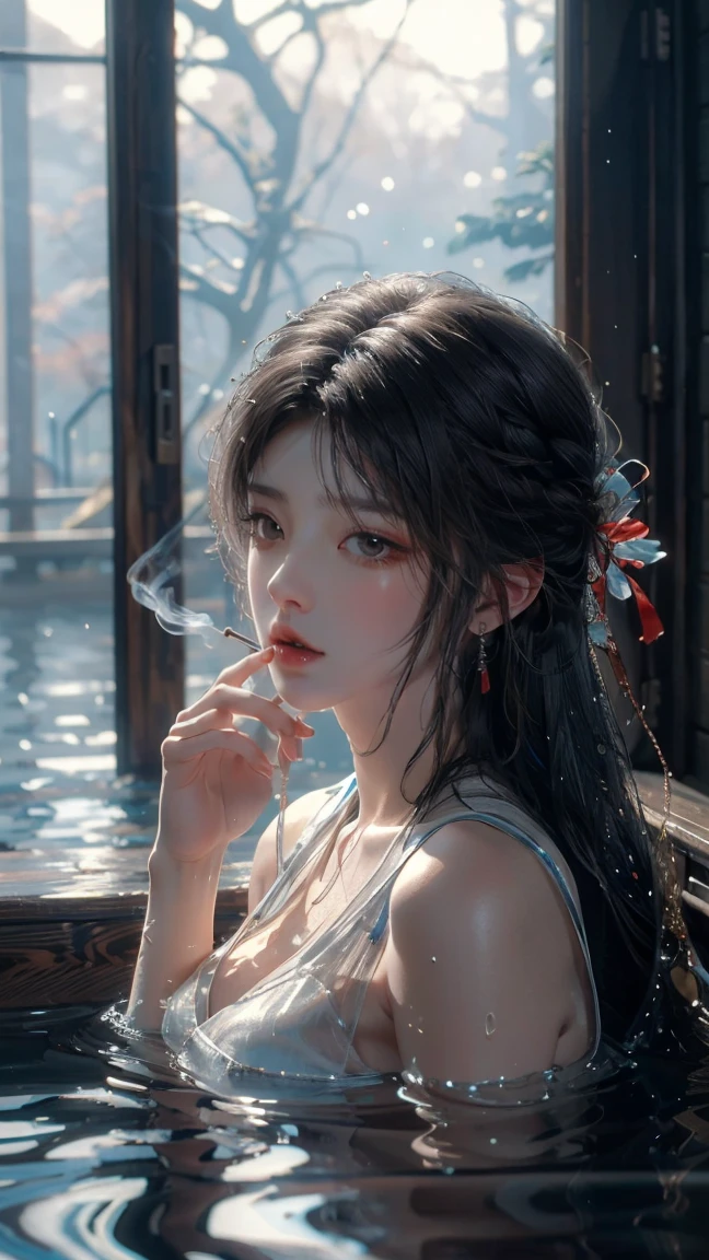 smoking woman,ultra high resolution,((masterpiece))),(((best quality))),((super detailed)),((extremely delicate and beautiful)),cinematic light,detailed environment,(real),
(8k, RAW photo, best quality, masterpiece:1.2),(realistic, photo-realistic:1.37),extremely detailed,photography,Amazing,finely detailed,best quality,ultra high res,
(Real water,Realistic water,flowing water:1.1),ripples,extremely beautiful skin,(high gloss,shiny skin:1.3),