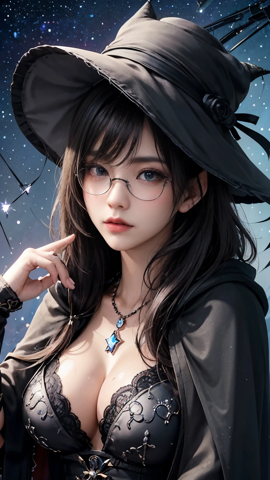 (Fatal Beauty,A charming villain,witch) ,(A supple and powerful physique),(Sensual charm),(Mysterious charm:1.1),(Captivating silhouette),((((Glasses))))、((((big sapphire necklace))))、(highest quality,High resolution:1.2),(dark,Threatening:1.1),((dark horror theme:1.5),(Thriller:1.5)),(Dark fantasy:1.5),  (((Countless stars fly away:1.5),(Absurd:1.5),(wonderful:1.5))),Woman in a dress, (Powerful numbers:1.1),(((Big Breasts))),(((Muscular:1.1))), cute face, Sexy Face, , Very detailedなbeautiful女の子, (Ideal body type:1.8), Very detailed faceexpressive lips, (Very beautiful、Crisp big eyes:1.5), Fine skin., All features are shown in detail., The outline of the fingers is beautifully drawn....., The nose is precisely shaped., expressive lips, Perfect Anatomy,cute、Realistic、(Front view:1.4),(Face Focus:1.3), realistic girl rendering, 8k artistic german bokeh, Enchanting girl, Real Girls, Gurwitz, Gurwitz-style artwork, Girl Roleplay, Realistic 3D style, cgstation Popular Topics, 8K Portrait Rendering,(truth，truth：1.4),Sexy Body,( Very lean body:1.6),Sexy pose, blush, Attractive body, Very curly hair, Purple Curly Hair, very big hair, Very curly hair, prime color,Urban,Very detailed,masterpiece,Intricate details,Faded,Very detailed, Eye on the details,Intricate details,Dark and spooky atmosphere,  spiritual being, Unforgettably beautiful, Ghostly figures, Shadow-like shape, Spooky whispers, Ominous Aura, Goth Maiden,  Like dazzling fur in a starless haze,Her Mogul Snaps, Mysterious Cemetery,Black hair swaying in the moonlight, She summons darkness, (beautiful: 1.7), (Black Hat: 1.6), (An intricately decorated jet-black cloak: 1.6), (Delicately decorated cloak, Despite the damage: 1.5), Hypermaximalist,  Breathtaking oil paintings, Surreal, Ultra-realistic digital illustrations that mimic the style of oil paintings, Wonderful configuration,  (Shining Eyes:1.6)、(Glowing Eyes:1.1),(hellish landscape:1.1),(fire,sulfur:1.1),(Threatening atmosphere:1.1),(dark shadows,Threatening p