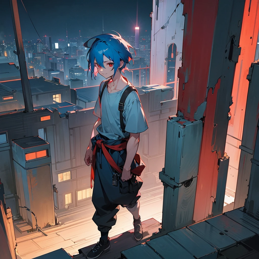 1male, adult, finely detailed red eyes, wild short hair, blue hair, poor clothing, tied around waist, baggy pants, standing on ruined building, night time, happy expression, muscular, goggles, dirty, beanie