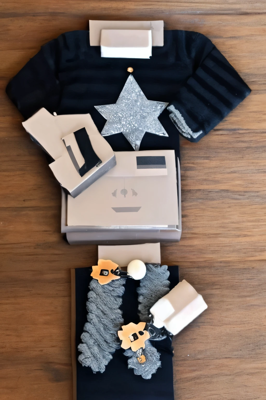 make a man with a black blouse and a gray star in the middle and make a necklace with the black cord and a silver pendant and also make him with a black sock with two white stripes 