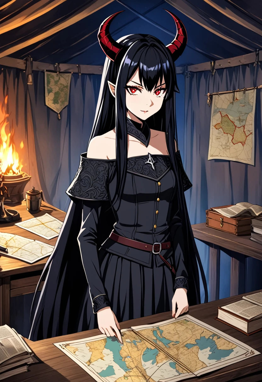 2D anime picture, (anime style 1), single girl, , sadistic, demoness, small demoness horns, beautiful long black hairstyle, in expensive warrior clothes, stand in officer tent in military camp near desk with map, fantasy, medieval age, night