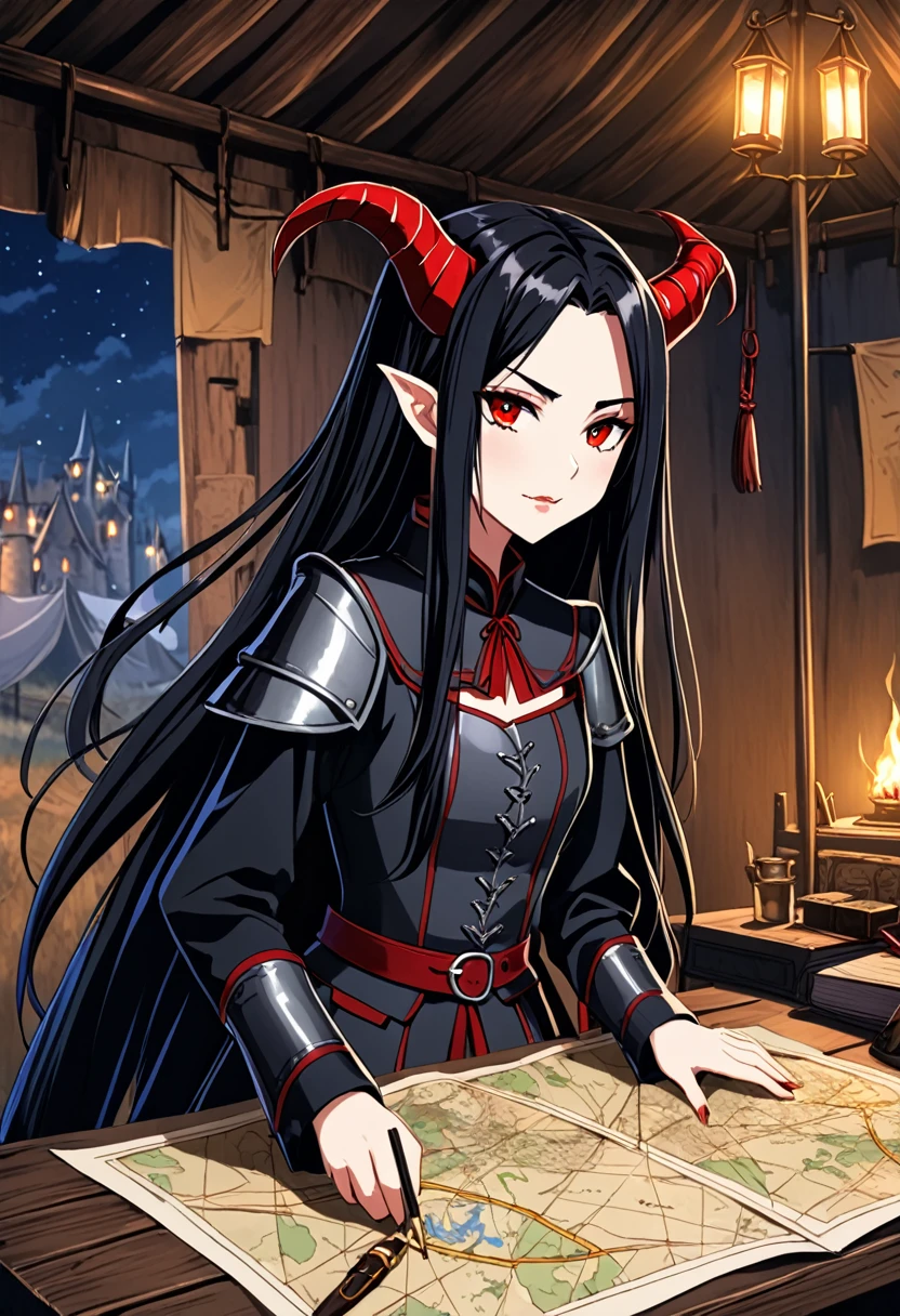  2D anime picture, (anime style 1), single girl, 10 years old, sadistic, demoness, red skin, small demoness horns, beautiful long black hairstyle, in expensive warrior clothes, stand in officer tent in military camp near desk with map, fantasy, medieval age, night 