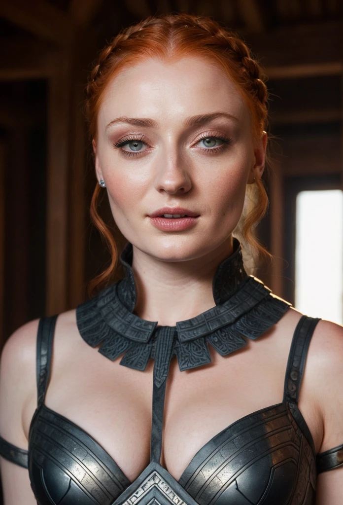 Face of Sophie Turner, Sansa Stark played by Sophie Turner, the de facto Lady of the Eyrie, is a 40-year-old mature queen with a stunning, alluring appearance. Full Face, Full figured woman, pierced eyes, reddish lips, upper body shot, erotic Mediaeval costumes, game of thrones costumes, She wears a Game of Thrones-inspired costume and has a deep cleavage, a perfect thick body, and a perfect thick figure. The photograph captures her in a close-up, with her skin texture and facial features being ultra-realistic and realistic. Juicy thick figure, high quality skin, Skin pores, amazing details, snow, snow flakes, semi realistic, extremely detailed eyes, dark moody orange and black settings, cool environment, artificial intelligence