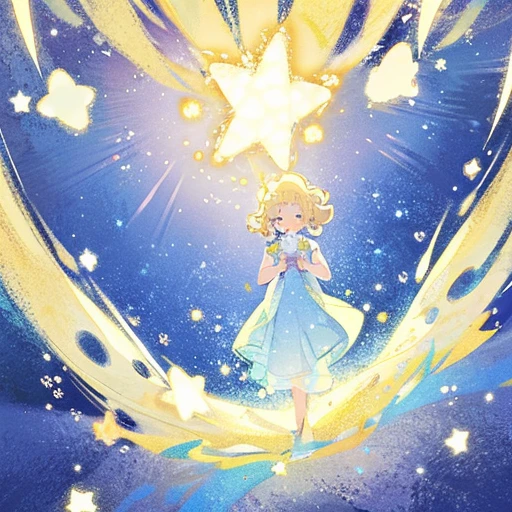 complex background, wishing star background, a blonde woman with big messy hair, wearing an ethereal mystical blue translucent dress that reflects the stars, perfume promo art, mystic, complex drawing, highly detailed, promo art, artistic rendition, ethereal, starry night, midjourney style